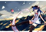  backpack bag black_hat black_legwear blue_hair bow bowtie brown_footwear cloud cloudy_sky dress flying food fruit hat hinanawi_tenshi horizon large_bow long_hair mountain open_mouth peach rainbow_gradient red_eyes ribbon scenery shoes short_dress short_sleeves sky smile solo sword_of_hisou tetsurou_(fe+) thighhighs touhou white_dress zettai_ryouiki 