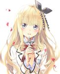  black_bow blonde_hair blue_eyes blush bow bowtie cross hair_bow highres juliet_persia kishuku_gakkou_no_juliet long_hair looking_at_viewer natsupa petals red_bow school_uniform simple_background smile solo striped striped_neckwear upper_body white_background 