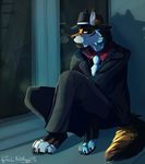  2016 anthro barefoot black_nose canine clothed clothing dog hat inner_ear_fluff looking_outside male mammal necktie pale_eyes sitting solo suit tai_lung_(artist) window 
