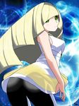  1girl artist_request ass bare_shoulders blonde_hair blush breasts dress expressionless from_behind green_eyes leggings long_hair looking_at_viewer looking_back lusamine_(pokemon) pants pokemon pokemon_sm sleeveless sleeveless_dress solo very_long_hair 