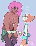  2girls blush breasts dark_skin forehead_jewel gem height_difference large_breasts multiple_girls mystery_girl_(steven_universe) nipple_piercing nipples pale_skin pearl_(steven_universe) pink_hair sleeveless steven_universe yuri 