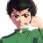  backlighting black_hair brown_eyes clenched_teeth face gakuran kameron male_focus mouth_pull portrait school_uniform solo teeth urameshi_yuusuke yuu_yuu_hakusho 