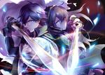  1girl armor bangs blue_hair cape commentary_request crown falchion_(fire_emblem) father_and_daughter fire_emblem fire_emblem:_kakusei gloves holding holding_sword holding_weapon krom long_hair looking_at_viewer lucina sayaomu short_hair shoulder_armor sidelocks sword weapon 