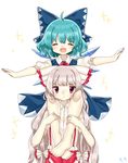  bad_id bad_twitter_id blue_dress blue_hair bow cheunes cirno closed_eyes commentary_request dress fujiwara_no_mokou hair_bow hair_ribbon highres huge_bow ice ice_wings long_hair multiple_girls open_mouth outstretched_arms pants puffy_short_sleeves puffy_sleeves red_eyes ribbon shirt short_hair short_sleeves silver_hair suspenders touhou very_long_hair white_hair wings 