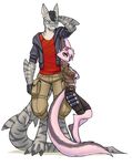  2016 anthro black_nose clothed clothing dreamkeepers duo eyewear fan_character female fish fur goggles hair luigiix male mammal marine midriff pink_fur pink_hair shark simple_background viriathus white_background 