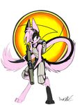  armor clothed clothing david_lillie dreamkeepers eyewear female fur goggles gun hair mammal pink_fur pink_hair ranged_weapon simple_background solo stratica viriathus weapon white_background 