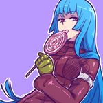  akairiot blue_eyes candy food gloves kula_diamond lollipop long_hair looking_at_viewer purple_background red_eyes solo the_king_of_fighters the_king_of_fighters_xiv 