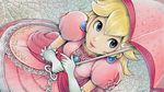  1girl blonde_hair blue_eyes dress earrings elbow_gloves from_above jewelry lips nintendo painting parasol princess_peach raindrops smile solo super_mario_bros. 