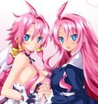  artina_(disgaea) artist_name blue_eyes blush braid breasts disgaea dual_persona hair_tubes hat highres iwasi-r large_breasts long_hair looking_at_viewer makai_senki_disgaea_4 multiple_girls pink_hair red_eyes sidelocks smile spoilers vulcanus_(disgaea_4) wings 