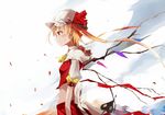  ascot bangs blonde_hair bow commentary_request crop_top crystal flandre_scarlet from_side hat hat_bow hat_ribbon laevatein midriff mob_cap petals red_eyes ribbon short_hair side_ponytail skirt solo standing tetsurou_(fe+) touhou upper_body wings 