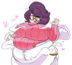  1girl fat glasses green_eyes mad8867 pokemon pokemon_sm purple_hair ribbed_sweater sweater turtleneck weight_gain wicke_(pokemon) 