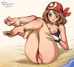  areolae bandana barefoot blue_eyes blush breasts breasts_outside brown_hair dated fingerless_gloves gloves grin haruka_(pokemon) legs_together lying medium_breasts mina_cream nipples on_back panties panties_aside plantar_flexion pokemon pokemon_(game) pokemon_rse pussy red_panties smile solo thighs toes uncensored underwear white_gloves 