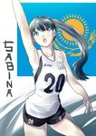  absurdres black_hair blue_eyes blush character_name highres julioalqae kazakh_flag open_mouth ponytail real_life sabina_altynbekova solo sportswear volleyball_uniform 