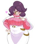  1girl boots fat green_eyes mad8867 pokemon pokemon_sm purple_hair ribbed_sweater sweater turtleneck weight_gain wicke_(pokemon) 