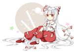  bamboo bow fujiwara_no_mokou hair_bow hair_ribbon haya_(haduhaya) highres long_hair pants protected_link red_eyes red_footwear red_pants ribbon shirt shoe_ribbon shoes silver_hair solo suspenders touhou very_long_hair white_hair white_shirt 