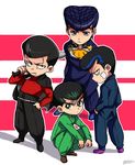  anchor_symbol bags_under_eyes bandaid bandaid_on_face baseball_bat black_hair blue_eyes blue_hair crossover gakuran green_eyes green_hair hand_in_pocket hands_in_pockets heart higashikata_jousuke highres jacket_on_shoulders jojo_no_kimyou_na_bouken kameron kinzoku_bat male_focus mob_psycho_100 multiple_boys multiple_crossover one-punch_man onigawara_tenga peace_symbol pompadour purple_hair school_uniform shadow signature squatting trait_connection turtleneck urameshi_yuusuke yuu_yuu_hakusho 