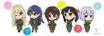  asymmetrical_hair blonde_hair blue_eyes blue_hair brown_eyes brown_hair chibi colored_shadow commentary_request copyright_name everyone filicia_heideman glasses hair_ornament hairclip helvetian_military_uniform highres kazumiya_rio long_hair military military_uniform multiple_girls one_eye_closed shadow short_hair sonobashi_nogi sora_no_woto sorami_kanata suminoya_kureha twintails uniform 