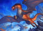  ambiguous_gender chris_rahn claws dragon feral flying fur furred_dragon landscape long_tail low-angle_view magic_the_gathering membranous_wings official_art open_mouth roaring scalie signature spread_wings wings 