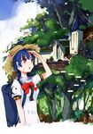  alternate_headwear backpack bag bangs bird blouse blue_hair bow commentary_request day food fruit hat hinanawi_tenshi house long_hair nagae_iku peach puffy_short_sleeves puffy_sleeves red_bow red_eyes scenery shading_eyes short_sleeves solo squirrel standing straw_hat sweat tetsurou_(fe+) touhou tree upper_body white_blouse 