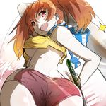  ass breasts buruma from_behind from_below highres julioalqae medium_breasts midriff open_mouth orange_hair original red_eyes sketch smile solo twintails underboob underwear 