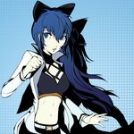  blake_belladonna blake_belladonna_(cosplay) blue_eyes blue_hair bow breasts cosplay dh_(brink_of_memories) hair_bow highres lips long_hair medium_breasts midriff navel persona persona_4 persona_x_detective rwby shirogane_naoto solo 