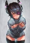  black_hair black_legwear blue_sweater blush breasts covering covering_breasts embarrassed eyebrows eyebrows_visible_through_hair eyepatch fenris hair_ornament hands_on_own_chest kantai_collection large_breasts leaning_forward looking_at_viewer meme_attire open-chest_sweater short_hair sleeves_past_wrists solo sweatdrop sweater tearing_up tenryuu_(kantai_collection) thighhighs wavy_mouth yellow_eyes 