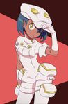  adjusting_clothes adjusting_hat aether_foundation_employee alternate_eye_color alternate_hair_color bangs blue_hair closed_mouth dark_skin gloves green_eyes hair_between_eyes hat pantyhose pokemon pokemon_(game) pokemon_sm rakuchii_(rurituvo) short_hair short_jumpsuit solo thigh_strap twitter_username two-tone_background white_gloves white_hat white_legwear 