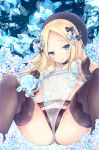  1girl abigail_williams_(fate/grand_order) artoria_pendragon_(all) artoria_pendragon_(lancer_alter) artoria_pendragon_(lancer_alter)_(cosplay) bare_shoulders black_bow black_choker black_gloves black_hat black_legwear black_panties blonde_hair blue_bow blue_eyes blue_flower blue_rose bow breasts chiyami choker commentary_request cosplay crystal erect_nipples fate/grand_order fate_(series) flower forehead gloves hair_bow hands_up hat head_tilt highres long_hair looking_at_viewer lying navel on_back panties parted_lips partially_visible_vulva polka_dot polka_dot_bow rose royal_icing see-through small_breasts solo spread_legs stuffed_animal stuffed_toy teddy_bear thighhighs underwear very_long_hair 