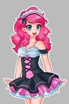  bangs blue_eyes blush breasts cleavage eyelashes grey_background looking_at_viewer maid maid_headdress my_little_pony my_little_pony_friendship_is_magic open_mouth outline personification pink_hair pinkie_pie racoon-kun sidelocks simple_background smile solo white_outline 