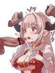  1girl alicia_(granblue_fantasy) amatelas blush breasts brown_hair cleavage cum gloves granblue_fantasy heart-shaped_pupils horns long_hair open_mouth penis pointy_ears red_eyes symbol-shaped_pupils tongue tongue_out upper_body 