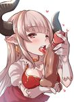  1girl alicia_(granblue_fantasy) amatelas blush breasts brown_hair cleavage cum granblue_fantasy horns long_hair open_mouth penis pointy_ears red_eyes tongue tongue_out upper_body 