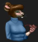  anthro blush breasts brown_hair buckteeth clothed clothing embarrassed eyewear female genrat glasses green_eyes hair irma_langinstein looking_at_viewer mammal multi_breast nipple_bulge rat rodent solo sweater teenage_mutant_ninja_turtles teeth wererat whiskers 