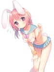  animal_ears ass_visible_through_thighs bad_id bad_twitter_id bangs bare_arms bikini_top blue_sailor_collar blush bow breasts bunny_ears bunny_girl bunny_tail cleavage closed_mouth collarbone eyebrows_visible_through_hair fingernails flying_sweatdrops hair_between_eyes hand_on_own_thigh inactive_account leaning_forward long_hair looking_at_viewer low_twintails medium_breasts microskirt navel original pink_bow pink_eyes pink_hair pleated_skirt sailor_collar scrunchie shiny shiny_skin sidelocks simple_background skindentation skirt solo striped striped_scrunchie tail twintails unmoving_pattern usashiro_mani white_background white_bikini_top wrist_scrunchie 