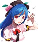  bangs black_hat blouse blue_hair bow food fruit hat highres hinanawi_tenshi long_hair looking_at_viewer open_mouth peach puffy_short_sleeves puffy_sleeves red_bow red_eyes short_sleeves sketch smile solo standing tetsurou_(fe+) touhou upper_body white_background white_blouse wing_collar 