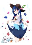  bangs black_hat blouse blue_bow blue_dress blue_hair bow commentary_request cowboy_shot dress food from_behind fruit hat hinanawi_tenshi large_bow long_hair looking_at_viewer looking_back peach red_eyes skirt_hold solo standing tetsurou_(fe+) touhou wet white_blouse 