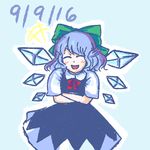  1girl blue_dress blue_eyes blue_hair blush bow cirno closed_eyes crossed_arms dress hair_bow half_updo happy holding_stomach ice ice_wings lowres maditsu open_mouth short_sleeves solo touhou wings 