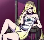  akairiot artist_name bare_arms bare_legs bare_shoulders blonde_hair bow collarbone dress finger_to_eye flat_chest green_bow green_eyes hair_over_one_eye light long_hair looking_at_viewer lusamine_(pokemon) pokemon pokemon_(game) pokemon_sm purple_background shaded_face simple_background sitting sleeveless sleeveless_dress solo strap_slip throne very_long_hair white_dress 