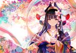  arm_up bangs black_hair blunt_bangs cherry_blossoms closed_mouth colorful flower fuji_choko hagoromo hair_flower hair_ornament japanese_clothes kimono long_hair looking_at_viewer original sash shawl smile solo torii upper_body 