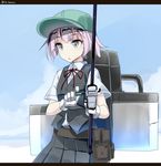  bangs belt blue_eyes buttons cowboy_shot day eyebrows eyebrows_visible_through_hair fishing_rod gloves hat holding holding_fishing_rod kantai_collection letterboxed neck_ribbon outdoors pink_hair pleated_skirt pocket ponytail pouch red_neckwear red_ribbon ribbon school_uniform shiranui_(kantai_collection) shirt short_sleeves skirt sky solo tenrai twitter_username vest white_gloves white_shirt 
