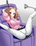  1girl akanako ass blush breasts brown_eyes brown_hair chains chair large_breasts legs okumura_haru open_mouth pantyhose persona persona_5 shiny shiny_hair short_hair skirt smile solo spread_legs 