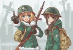  2girls backpack bag black_eyes black_hair blonde_hair blue_eyes brodie_helmet chito_(shoujo_shuumatsu_ryokou) commentary fur_trim gloves gun helmet highres longmei_er_de_tuzi military multiple_girls pointing rifle rifle_on_back shoujo_shuumatsu_ryokou stahlhelm twintails weapon yuuri_(shoujo_shuumatsu_ryokou) 