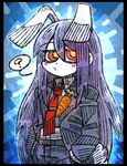  ? animal_ears backlighting black_border blazer blue_background blush_stickers border bunny_ears bunny_tail carrot commentary doctor_who extra_ears formal hair_between_eyes hands_in_pockets jacket line_shading long_hair long_sleeves looking_at_viewer necktie purple_hair red_eyes red_neckwear reisen_udongein_inaba solo spoken_question_mark suenari_(peace) tail touhou upper_body very_long_hair white_skin wing_collar 