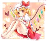  ascot barefoot blonde_hair blush bow closed_mouth commentary_request crystal dotted_line feet flandre_scarlet frilled_skirt frills full_body hat hat_bow heart knees_up looking_at_viewer looking_to_the_side mob_cap panties pantyshot pantyshot_(sitting) puffy_short_sleeves puffy_sleeves ramudia_(lamyun) red_bow red_eyes red_shirt red_skirt shirt short_sleeves side_ponytail sitting skirt skirt_set smile solo touhou twitter_username underwear white_panties wings wrist_cuffs 