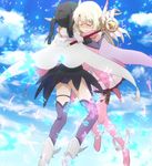  black_hair boots brown_hair closed_eyes cloud day fate/kaleid_liner_prisma_illya fate_(series) highres hug illyasviel_von_einzbern long_hair magical_girl magical_ruby miyu_edelfelt multiple_girls prisma_illya screencap sky thigh_boots thighhighs 