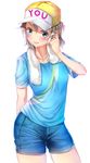  absurdres arm_behind_back baseball_cap blue_eyes blue_shirt blue_shorts blush brown_hair character_name collarbone contrapposto cowboy_shot hachinatsu hair_between_eyes hat headwear_writing highres looking_at_viewer love_live! love_live!_sunshine!! shirt short_hair shorts simple_background smile solo standing sweat t-shirt teeth towel towel_around_neck watanabe_you white_background 