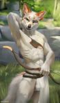  2019 5_fingers abs anthro arctic_fox armpit_hair athletic bulge canid canine chunie clothed clothing detailed_background digital_media_(artwork) fox fur hi_res loincloth looking_aside male mammal navel orange_fur outside red_fur solo standing topless tribal white_fur 