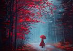  dress forest green_hair holding holding_umbrella kagiyama_hina nature parasol red_dress scenery sh_(562835932) solo touhou tree umbrella walking wide_shot 