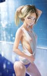  1girl blonde_hair blue_eyes hair_grab long_hair looking_away nababa nipples see-through shirt_pull shower small_breasts solo water_droplets wet_clothes 