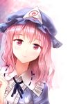  backlighting bad_id bad_pixiv_id blurry cherry_blossoms depth_of_field floral_print frilled_shirt_collar frills hand_up hat japanese_clothes kimono leaning_to_the_side long_hair long_sleeves looking_at_viewer minust mob_cap pink_eyes pink_hair red_pupils ribbon ribbon-trimmed_collar ribbon_trim saigyouji_yuyuko shiny shiny_hair solo touhou triangular_headpiece upper_body veil 