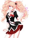  absurdres bad_id bad_pixiv_id bear_hair_ornament black_shirt blonde_hair blue_eyes bow breasts choker cleavage collarbone danganronpa danganronpa_1 enoshima_junko hair_ornament highres long_hair looking_at_viewer medium_breasts miniskirt nail_polish neckerchief one_eye_closed plaid plaid_skirt red_bow red_nails red_skirt sheya shirt sidelocks simple_background skirt sleeves_rolled_up smile solo spoilers tongue tongue_out twintails white_background white_neckwear 